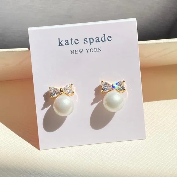 NWT Kate Spade Gold and White Bow Pearl Earrings - Picture 1 of 2
